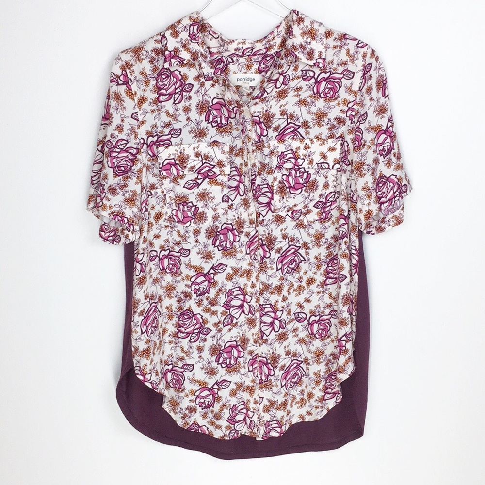 Porridge Floral Button Front Top | Burgundy Back Panel | Short Sleeve | Size M